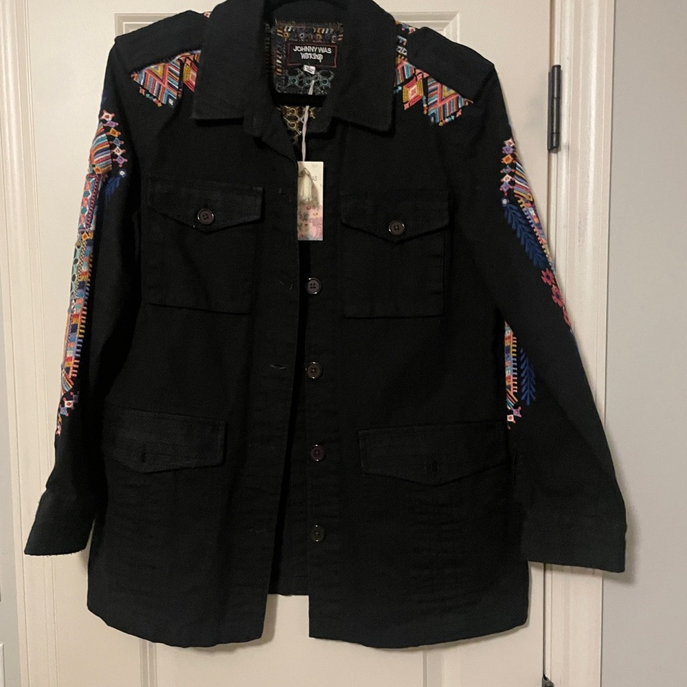 Johnny Was Black Utility Jacket with Colorful Embroidery